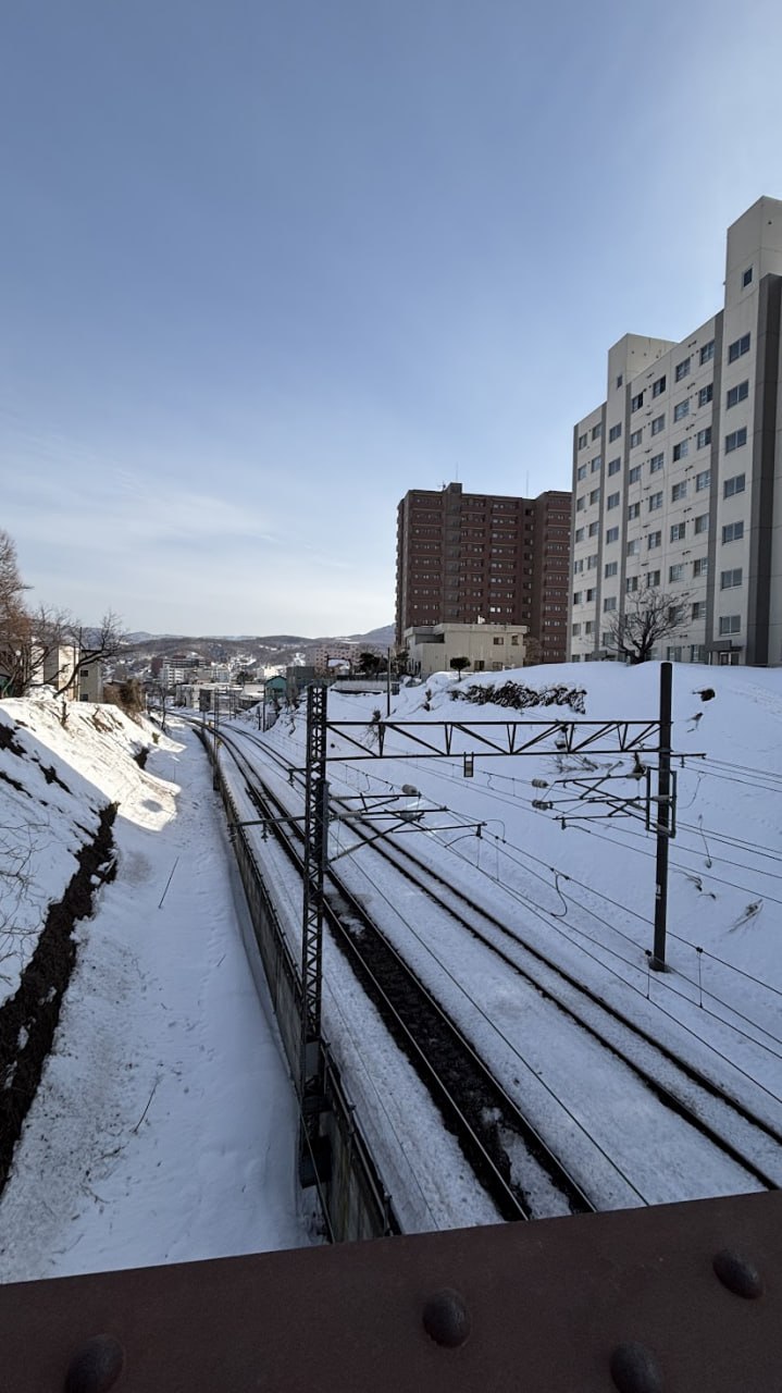 Snow-covered railway tracks in Otaru