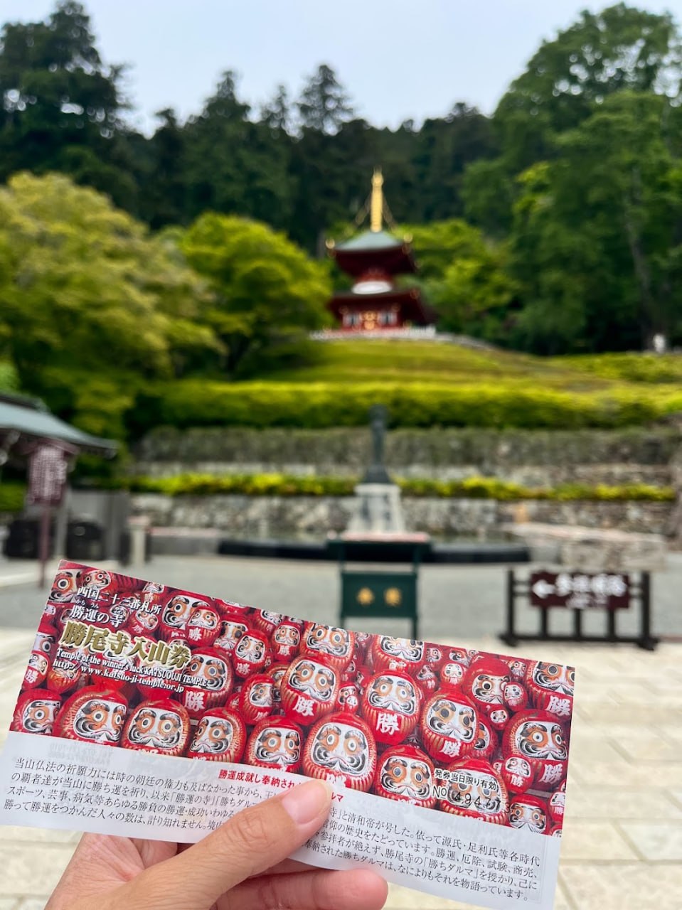 Katsuoji Temple entry ticket with daruma dolls and pagoda behind